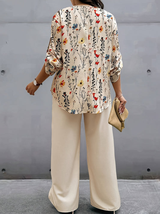 Plus Size, Oriented - Plus Size Women's Vacation Style Floral Shirt and Pants Set
