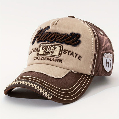 HAWAII Vintage Distressed Baseball Cap - Adjustable Lightweight Unisex Hat with 3D Embroidered Aloha Text, Dual-Tone Beige & Brown, Breathable Design for Men & Women, Daily Use & Vacation, Hawaiian Accessories, Casual Headwea