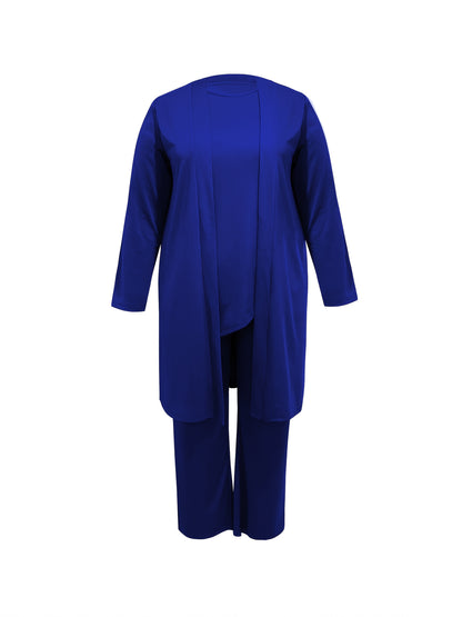 Plus Size - Spring and Autumn Women'S Simple Casual Solid Color Jacket Top Cardigan + Round Neck Sleeveless Vest + Elastic Waist Drape Pocket Straight Pants Three-Piece Set Commuting Suit