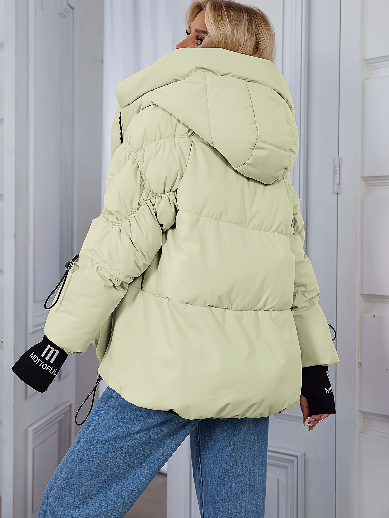 Women's Stylish Beige Puffer Jacket - Casual Warm Winter Coat with Black Trim, Long Sleeves & Zippered Hood, Polyester Fabric for Outdoor Comfort