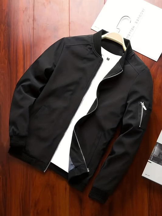 Men'S Stylish Black Sports Casual Jacket - Lightweight Bomber with Zipper Pockets, Front Zipper Panel, and Ribbed Cuffs - Perfect for Outdoor Activities, Running, and Casual Attire