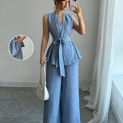 Women'S Elegant Two-Piece Summer Set - Sleeveless V-Neck Crop Top with Tie Detail & High-Waisted Wide-Leg Pants, Solid Color, Perfect for Spring/Summer, Casual Attire|Elegant Two-Piece Set|Polyester Fabric
