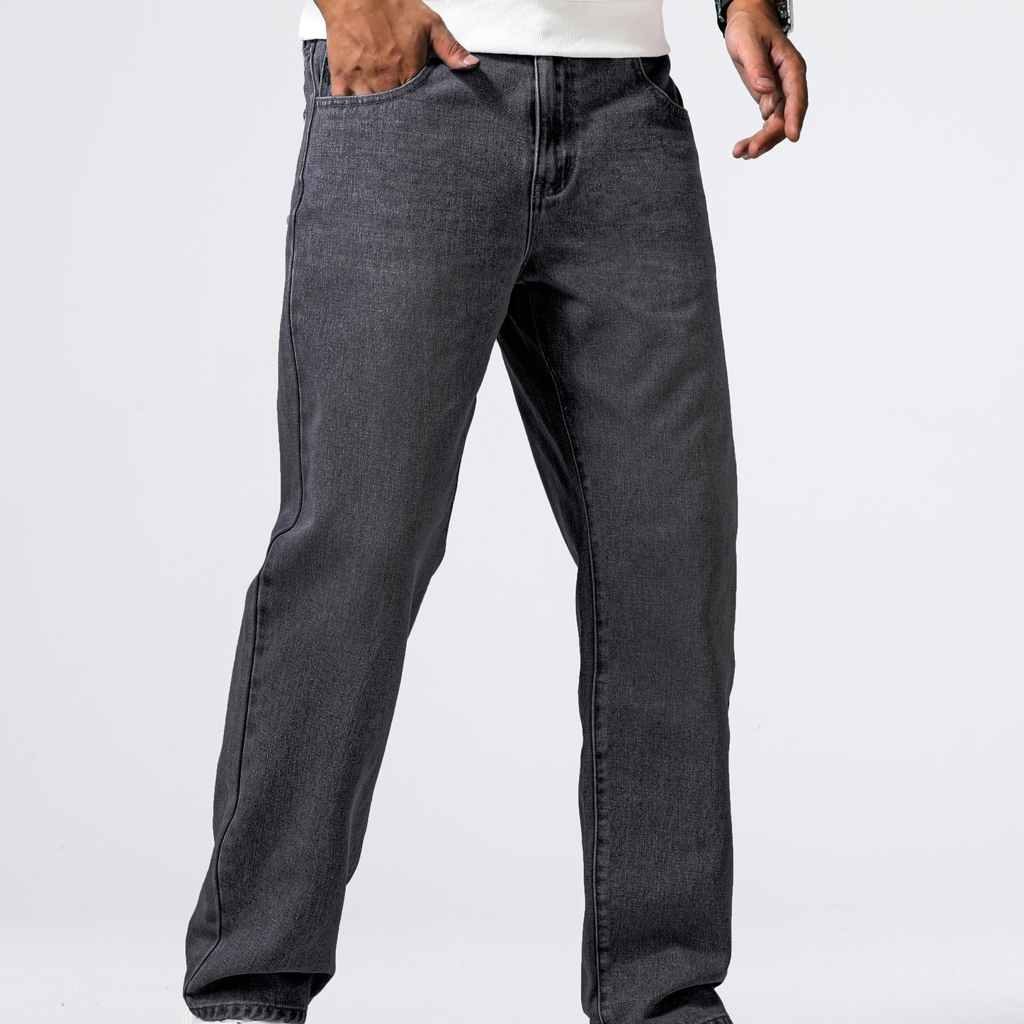 Men'S Loose Fit Straight Leg Jeans, Cotton 85% Polyester 15% Denim, Washed Solid Color Casual Style