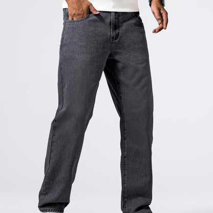 Men'S Loose Fit Straight Leg Jeans, Cotton 85% Polyester 15% Denim, Washed Solid Color Casual Style