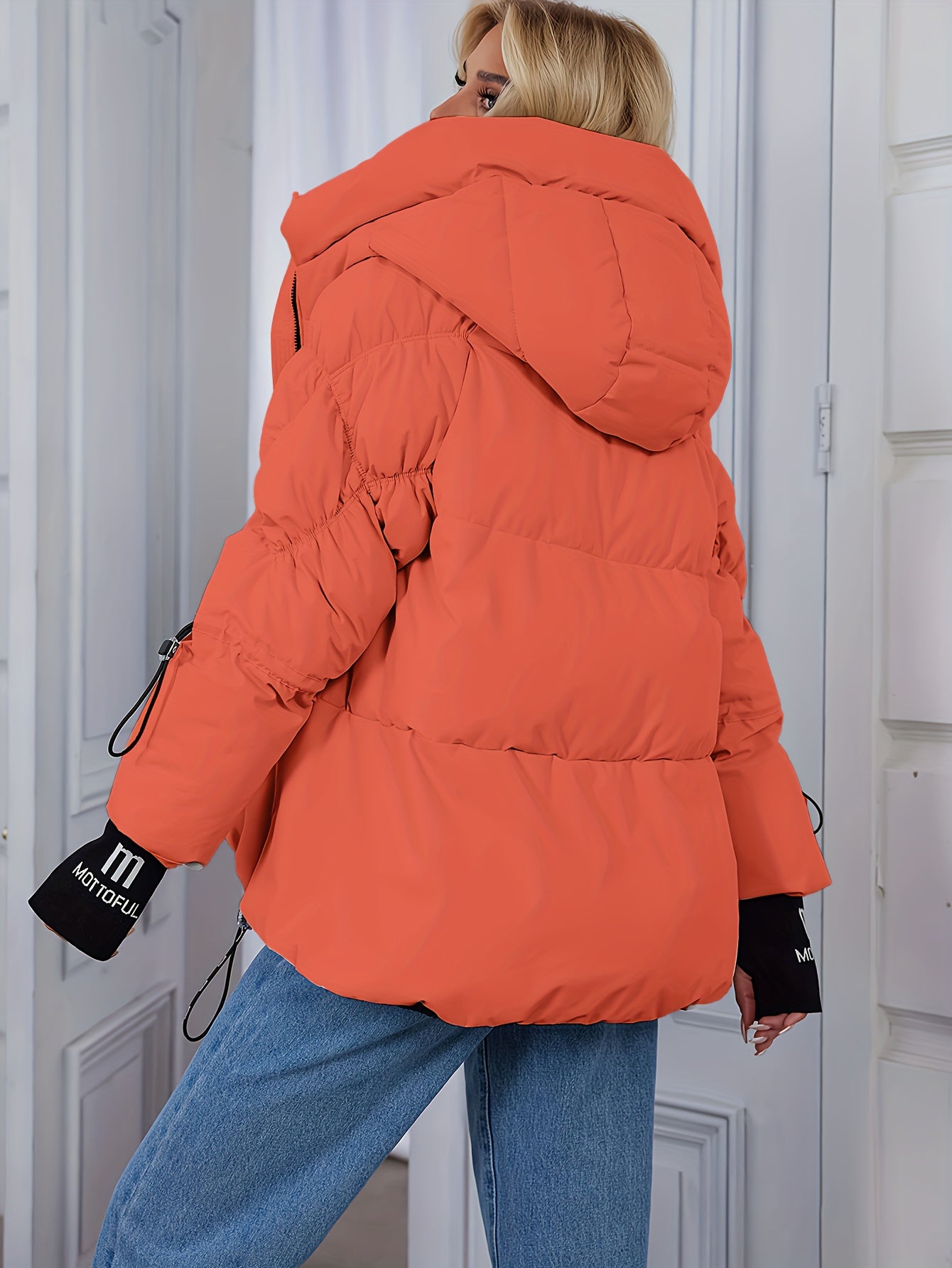 Women's Stylish Beige Puffer Jacket - Casual Warm Winter Coat with Black Trim, Long Sleeves & Zippered Hood, Polyester Fabric for Outdoor Comfort