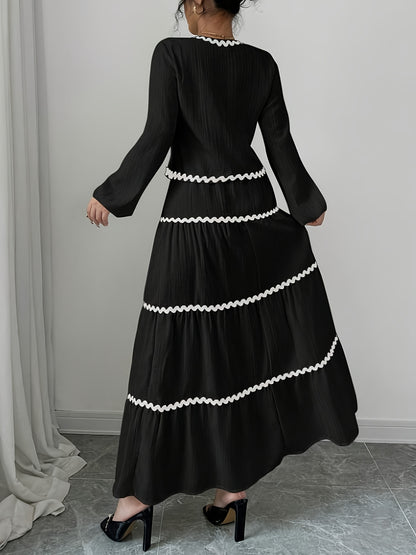 Women'S New Arrival Black and White Ruffled Lace Trim Long Sleeve Shirt with Tie Waist Umbrella Skirt Set, Stylish Elegant Vacation Commute Daily Wear Date Party Two-Piece Outfit Suitable for All Seasons