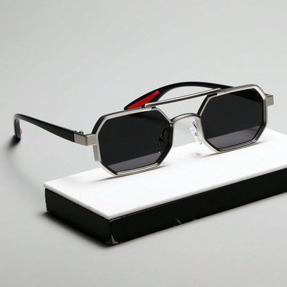 Unisex Geometric Metal Frame Fashion Glasses - Double Beam Design Decorative Eyewear for Everyday Casual Wear, Lightweight & Durable, Black Lenses, Stylish Accessory