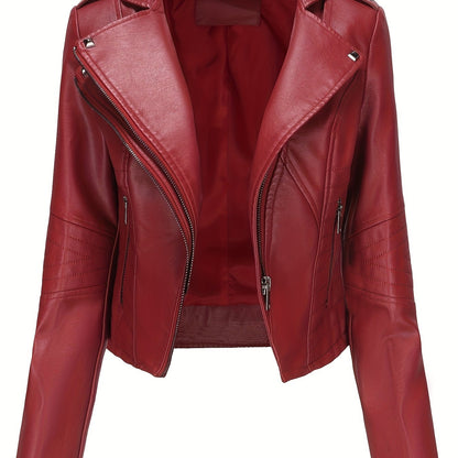 Women'S Casual Faux Leather Jacket, Solid Color, Long Sleeve, Regular Length, Fall/Winter, Zipper Placket, Woven, Non-Stretch Fabric, 100% Polyurethane, Lapel Collar, Dipped Hem Detail
