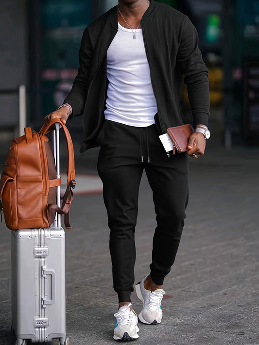 Men's Casual Polyester Sports Suit, Solid Color, Non-Stretch Fabric, Regular Fit, Baseball Collar Jacket and Sweatpants, Suitable for Spring/Autumn - Braided Eyelash Set