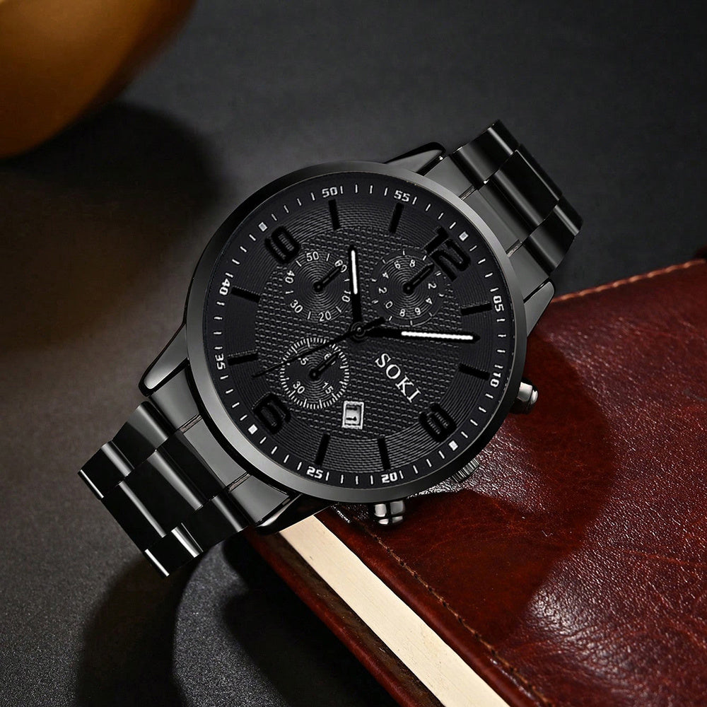 1pc Men'S Fashionable Business Quartz Watch with Black Dial, Stainless Steel Band & Alloy Case - Ideal Gift for Father, Husband, or Friend - Everyday Wearable Timepiece, Formal Accessory | Sleek Black Watch | Alloy Case Watch