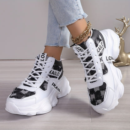 Women'S High-Top Fashion Sneakers with Plaid Pattern, Lightweight EVA Sole, Lace-Up Closure, Fabric Insole, and Tassel Embellishment - All-Season Sports Shoes with Random Printing Design, Ladies Sneakers