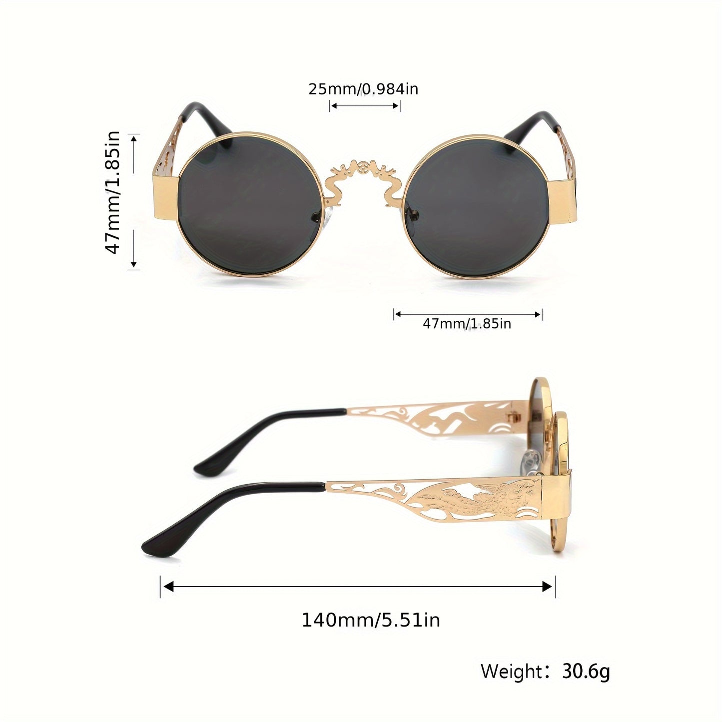 A Pair Of Men's Stainless Steel Retro Round Frame Glasses, Chinese Dragon And Phoenix Carving Hollow Arms, Casual Hip-hop Punk Street Party Fashion Trend Decorative Glasses, With PC Lenses