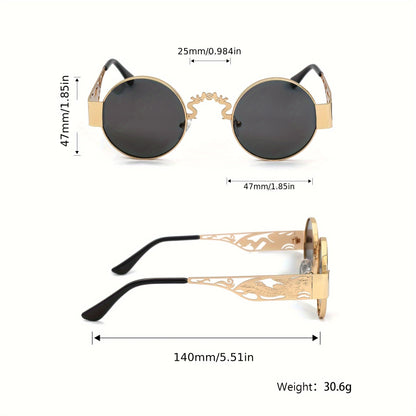 A Pair Of Men's Stainless Steel Retro Round Frame Glasses, Chinese Dragon And Phoenix Carving Hollow Arms, Casual Hip-hop Punk Street Party Fashion Trend Decorative Glasses, With PC Lenses