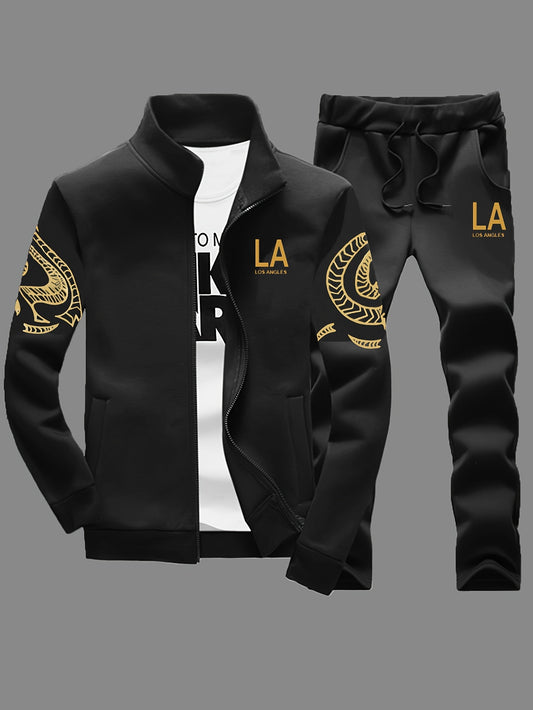 Men's Casual Print Sweatshirt & Joggers Set - Polyester, Stand Collar, Zip-Up Jacket for Spring/Fall