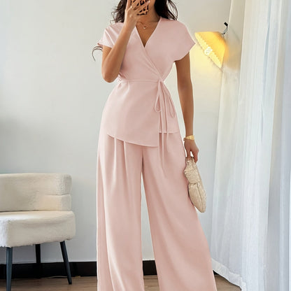 Stylish Women's Elegant Comfortable Solid Color Top and Loose Wide-Leg Pants Two-Piece Set, Suitable for Outings, Dates, Vacation