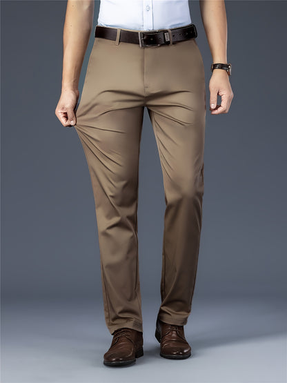 [Durable Build] Men's All-Season Casual Dress Pants - Business Style Stretch Trousers, Comfortable Classic Design, Light Brown Polyester Blend, Machine Washable, Smooth Finish, Regular Fit for Office or Leisure Wear