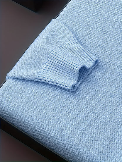 Men's Sleek Light Blue Turtleneck Sweater - Casual Knit Pullover with Ribbed Cuffs, Long Sleeves for Fall/Winter, Soft Viscose Blend
