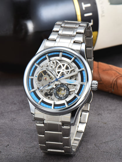 Men's Business Leisure Automatic Mechanical Watch, Stainless Steel with Blue Accents, Transparent Back, Date Display, Water-Resistant up to 10m, Ideal Gift, Business Watch | Mechanical Aesthetic | Stainless Steel Band