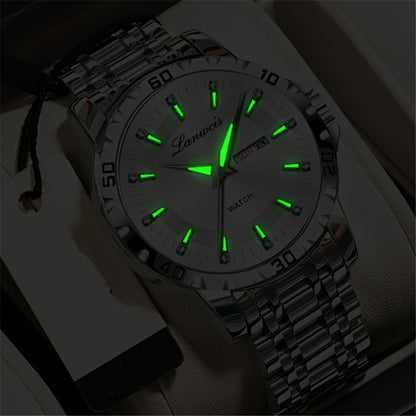 Luxury Men'S Quartz Watch - Sleek Round Dial with Dual Calendar, Luminous, Waterproof, Stainless Steel Band - Ideal Business Gift, Business Gift Watch|Minimalist Timepiece|Luminous Watch Face, Watch Accessories