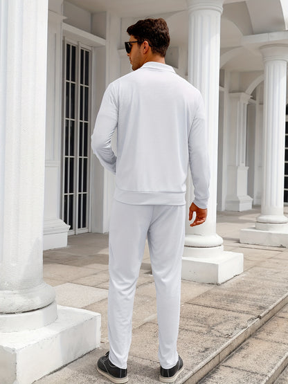 Men's Solid Waffle 2pcs Athletic Outfits, Zip-up Jacket & Pants co ord set for Outdoor Sports