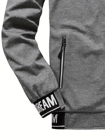 Men'S Casual Sportswear Set - Beige Zip-Up Jacket & Joggers with "DARE TO BE" Print, Long Sleeve, Pockets, and Drawstring Waist, Perfect for Running and Leisure Activities, Spring/Fall Collection, Spring Fall Attire | Zipup J