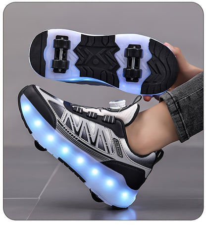 Youth Skate Shoes with LED Lights, Four-Wheel Detachable, Street Fashion, Trendy Style, Random Pattern, All-Season, Sports and Outdoor Scene, Roller Skating, Rotary Buckle Closure, Breathable and Adjustable Brightness, Upper,