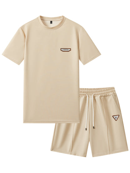 Men's Waffle Round Neck Top with Label, Short Sleeve T-shirt and Drawstring Shorts for Clean and Comfortable Spring/Summer Wear
