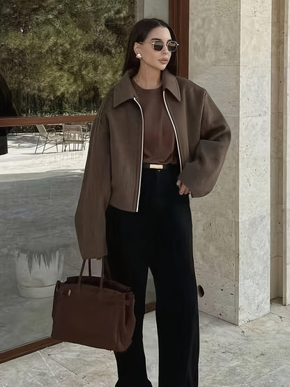 Women'S Short Casual Jacket - Elegant Lapel Collar Windbreaker Coat, All-Season Chic Outerwear for Everyday & Formal Events, Machine Washable H-Silhouette Jacket, Cute Jacket, Versatile Layering Piece, Easy-Care Blend