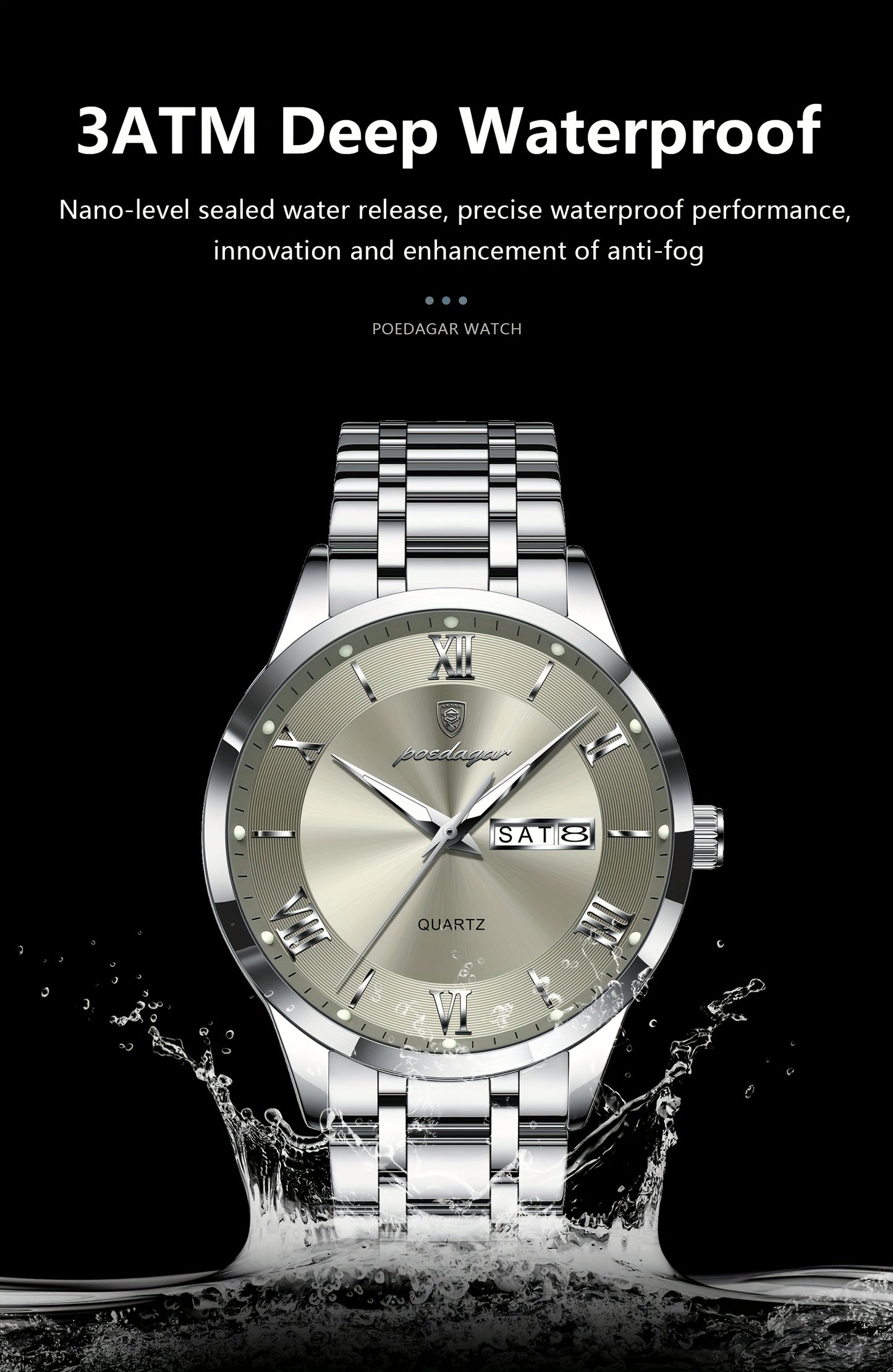 POEDAGAR Men'S Quartz Watch, Sports Style, Waterproof 3ATM, Luminous Calendar, Stainless Steel Strap, Pointer Display, Alloy Case, Electronic Drive, Non-Rechargeable Button Battery, with Spring Festival and Football Holiday T