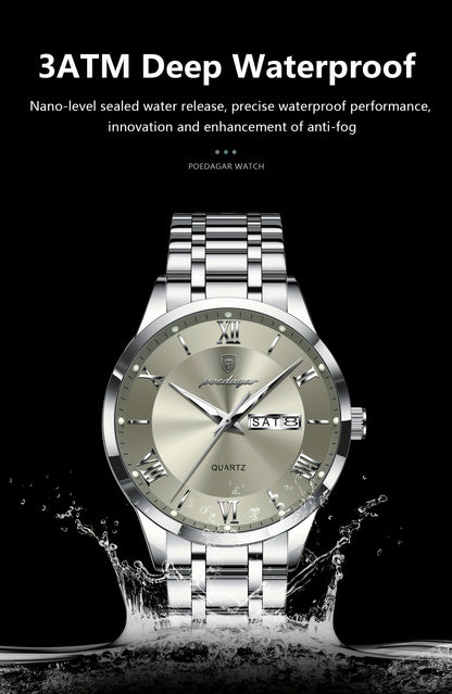 POEDAGAR Men'S Quartz Watch, Sports Style, Waterproof 3ATM, Luminous Calendar, Stainless Steel Strap, Pointer Display, Alloy Case, Electronic Drive, Non-Rechargeable Button Battery, with Spring Festival and Football Holiday T