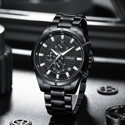 CRRJU Fashion Men's Watch, Business Solid Stainless Steel Multifunctional Chronograph Watch