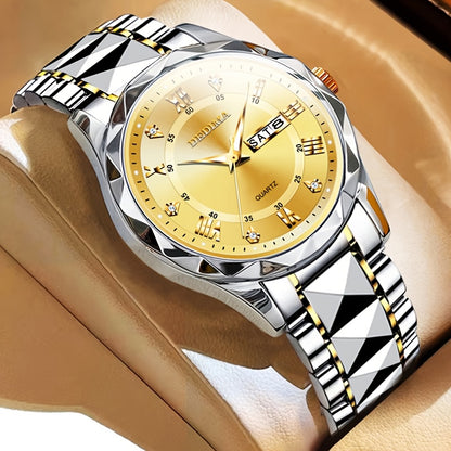 Elegant Men's Stainless Steel Watch with Dual Calendar, Luminous Display & Rhinestone Accents - Perfect for Business or Casual Wear