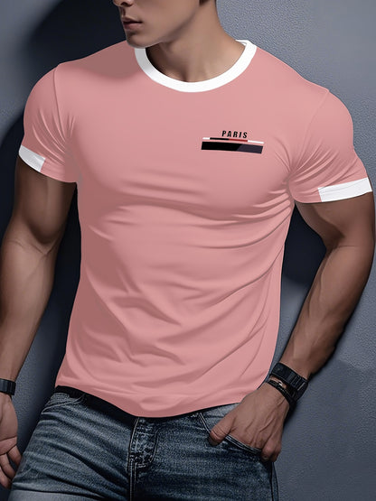 Men'S Paris Graphic T-Shirt - Green Polyester Crew Neck Tee with White Stripes & Print - Casual Sporty Knit Top for Casual Attire, Breathable Fabric
