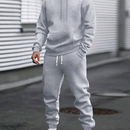 1set Men'S Casual Sports Suit, Polyester Hooded Sweatshirt and Jogger Pants Set, Solid Color, Elastic Waist, Cuffed Ankles, Knit Pullover with Pockets, Regular Fit for Outdoor Running and Jogging - Spring/Autumn Collection