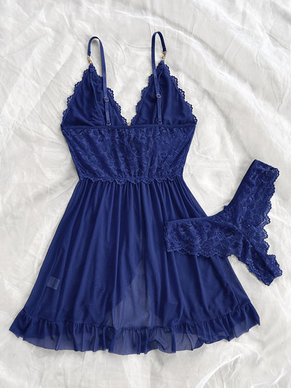 Sexy and Romantic Sleepwear Set, Solid Color Lace Camisole with Matching Panties, V-Neck Design Accentuating Elegant Neckline, Delicate Lace Pattern for Softness. Flared Hem and Ruffled Front Add Graceful Charm, Perfect for a