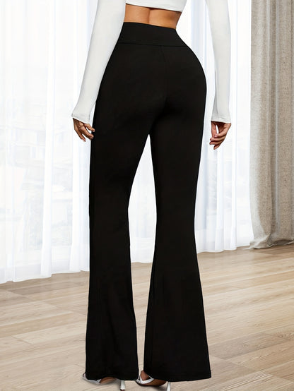 High-Waisted Flared Leggings for Women - Stretchy Black Polyester Pants with Tummy Control, Slimming Fit, and Breathable Design for Spring/Summer/Fall Casual Wear, Spring Summer Leggings | Fitted Leggings | Elastic Waistband