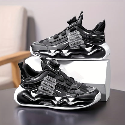Boys' Striped Sneakers with Rotating Buckle - Casual Running Shoes for Youngsters, Breathable PU & Fabric Lining, Non-Slip EVA Sole