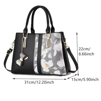 Elegant Floral Print Women's Handbag - Chic Colorblock Handbag with Zip Closure, Durable PU Material