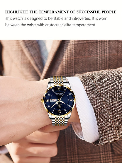 POEDAGAR Classic Men'S Stainless Steel Quartz Watch, IPX8 Luminous Weekly Calendar Watch for Men, Perfect Gift Option, Suitable for Women