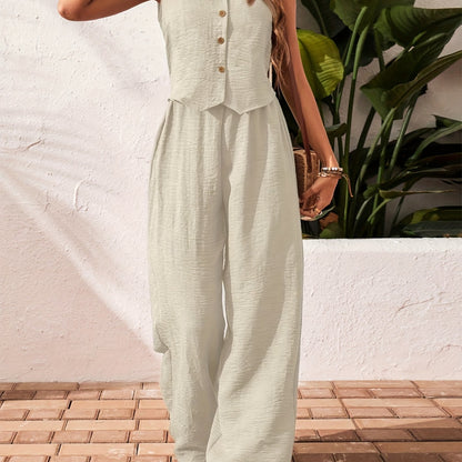 Women'S Elegant Solid Color Sleeveless V-Neck Two-Piece Set - Casual Summer Jumpsuit with Button Placket, Wide Leg Pants, and Beige Wedge Sandals, Casual Attire|Vneck Jumpsuit|Elegant Jumpsuit
