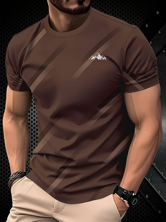 Men's Casual Striped T-Shirt - Brown with White Contrast Stripes, Regular Fit Round Neck, Machine Washable for Everyday Comfort, Summer Clothing, Modern Look, Nontransparent Fabric