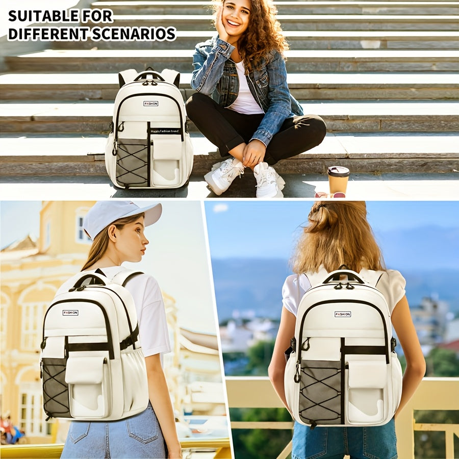 Large Capacity Backpack Set 3pcs, Polyester Lined, Spliced, Adjustable Shoulder Straps, Zipper Closure, Lightweight, Casual Style, for Going Out