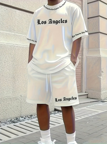 Men'S Los Angeles Graphic Print Casual Sportswear Set - Breathable Summer Short Sleeve T-Shirt & Drawstring Shorts with Pockets, Regular Fit, Crew Neck, Comfortable & Stylish for Casual Attire, Leisure Clothing | Trendy Sport