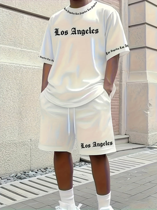 Men'S Los Angeles Graphic Print Casual Sportswear Set - Breathable Summer Short Sleeve T-Shirt & Drawstring Shorts with Pockets, Regular Fit, Crew Neck, Comfortable & Stylish for Casual Attire, Leisure Clothing | Trendy Sport