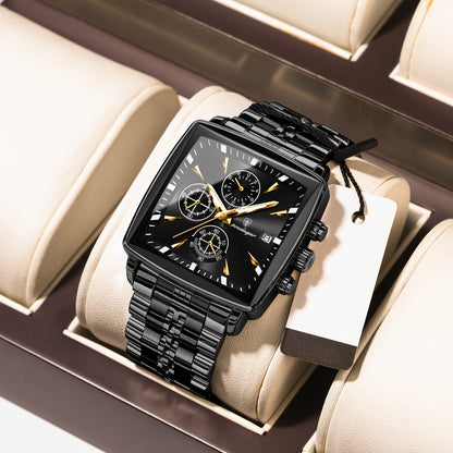 POEDAGAR Men's Stainless Steel Luminous Watch - Blue Dial Chronograph, High Quality Quartz Movement with Date Calendar, Golden-Tone Accents for Business Casual & Casual Attire, Formal Accessory, Stylish Accessory, Refined Cra
