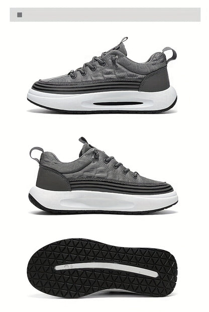 Men's Breathable Casual Sneakers - 2025 Spring New Design, Low-Top Elastic Lace-Up, Grey & White PU Upper with Cushioned EVA Insole & Durable PVC Sole for All-Season Outdoor Running, Gym, Daily Wear, Gym Shoes, Sleek Sporty D