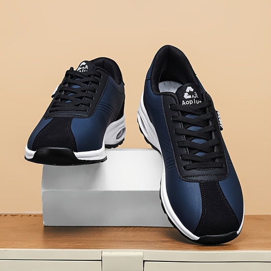 AOPLUS Men's Low-Top Sneakers - Navy Blue & Black Sneakers, PU Upper & Cushioned Rubber Sole for Gym, Training, Everyday - All-Season Lace-Up Shoes for Men, Gym Training Footwear, Sleek Sporty Design, Fabric Lined Interior