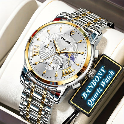 BANBONY Automatic Quartz Watch for Men & Women - Stainless Steel Strap, Blue & Golden HD Large Dial, IPX7 Waterproof, Rhinestone Accents, Date Calendar, Luminous Hands - Casual Fashion Unisex Watch for Birthday Holiday Gifts,