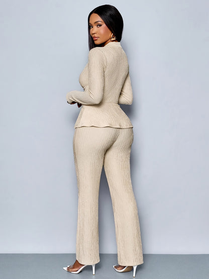Women'S Elegant Beige Two-Piece Suit with V-Neck and Long Sleeves, Asymmetrical Hem, Wide Leg Pants, and Clutch - Perfect for Office or Casual Wear, Casual Attire|Elegant Two-Piece Set|Asymmetrical Hemline