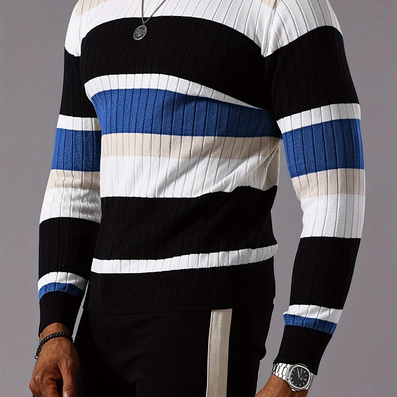 Men's Striped Color-Block Ribbed Knit Sweater - Long Sleeve Round Neck Pullover with Elastic Comfort Fit, Machine Washable Casual Fall Winter Top in Black/White/Green/Beige, Knit Sweater, Medium Elasticity